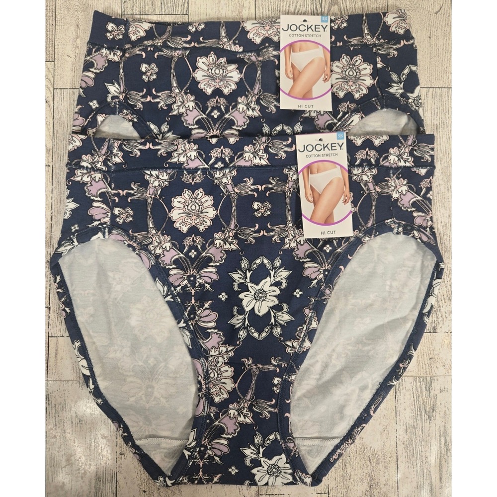 Jockey Cotton Stretch Hi Cut Panties Navy Floral Damask Print Size 5 S 2 Pack
